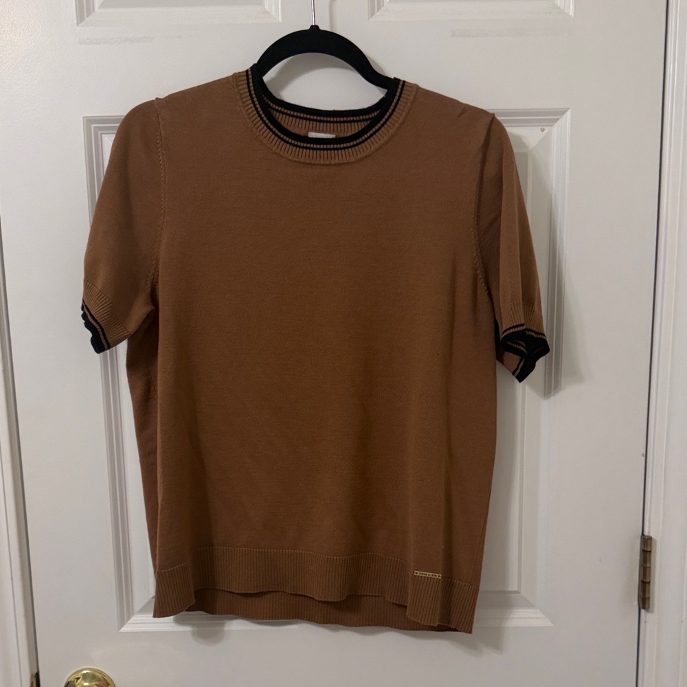 Anne Klein Brown Short Sleeve Sweater with Black Trim Large NWOT